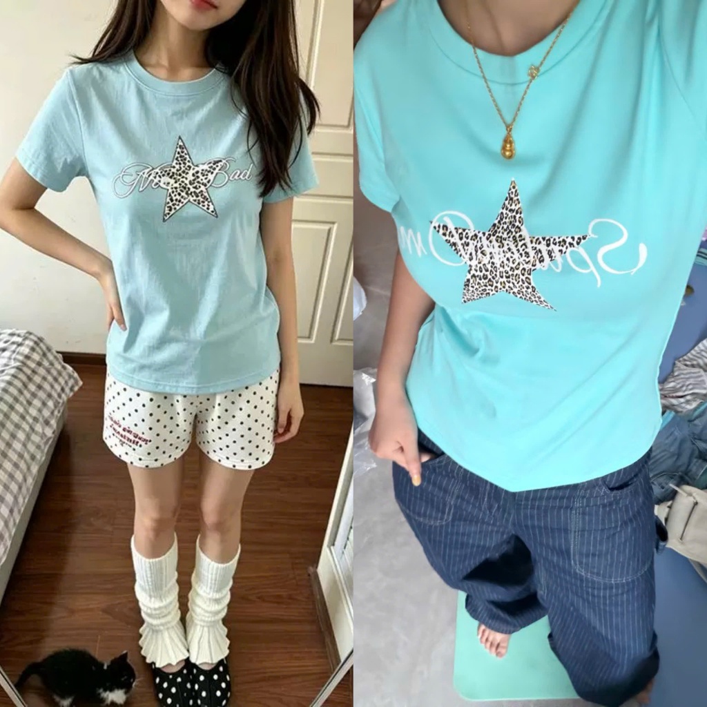 Áo baby tee màu xanh ngọc tiffany blue hình ngôi sao chữ mảnh đơn giản chất cotton - Tiktik