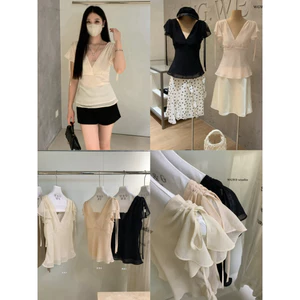 WGWE | Áo chiffon voan 2 lớp cổ V tay điệu phong cách Pháp – W9778#