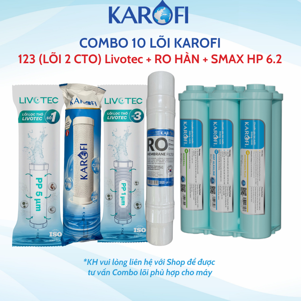 Combo 10 lõi lọc nước karofi (12CTO3, RO 100GPD Mỹ, cụm HP 6.2) dùng cho máy KAQ-U05, KAQ-U95, S-S038,...