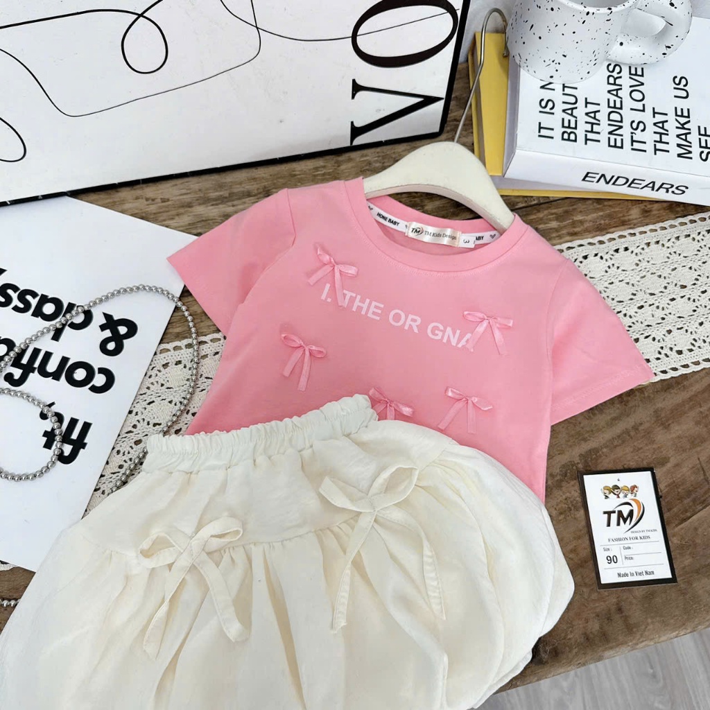 Set Áo Thun Chân Váy Dáng Bí Bé Gái Bộ Hè Áo Cộc Chân Váy Kèm Quần Bảo Hộ Cotton Đính Nơ Dễ Thương Cho Bé BR9