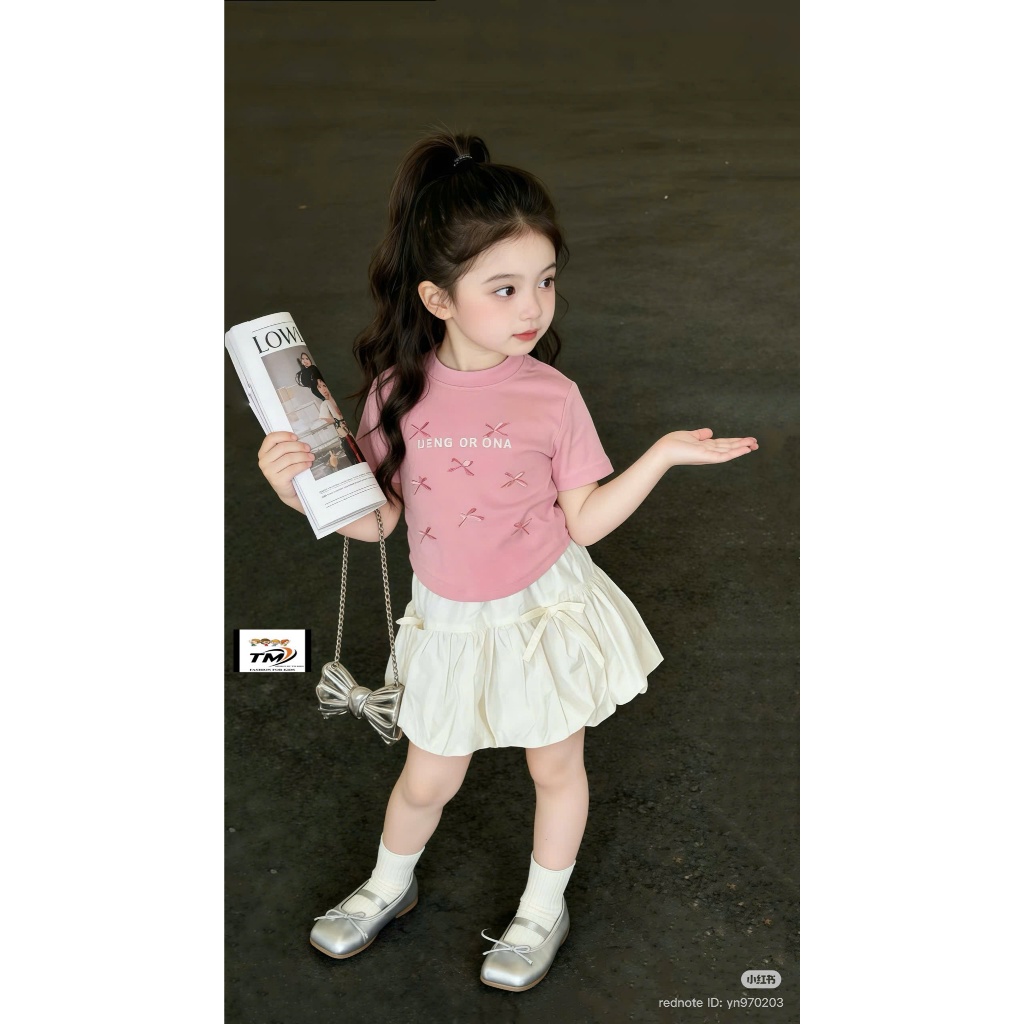 Set Áo Thun Chân Váy Dáng Bí Bé Gái Bộ Hè Áo Cộc Chân Váy Kèm Quần Bảo Hộ Cotton Đính Nơ Dễ Thương Cho Bé BR9