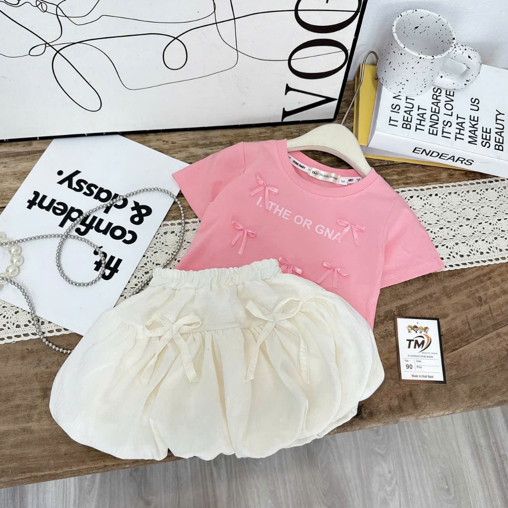 Set Áo Thun Chân Váy Dáng Bí Bé Gái Bộ Hè Áo Cộc Chân Váy Kèm Quần Bảo Hộ Cotton Đính Nơ Dễ Thương Cho Bé BR9