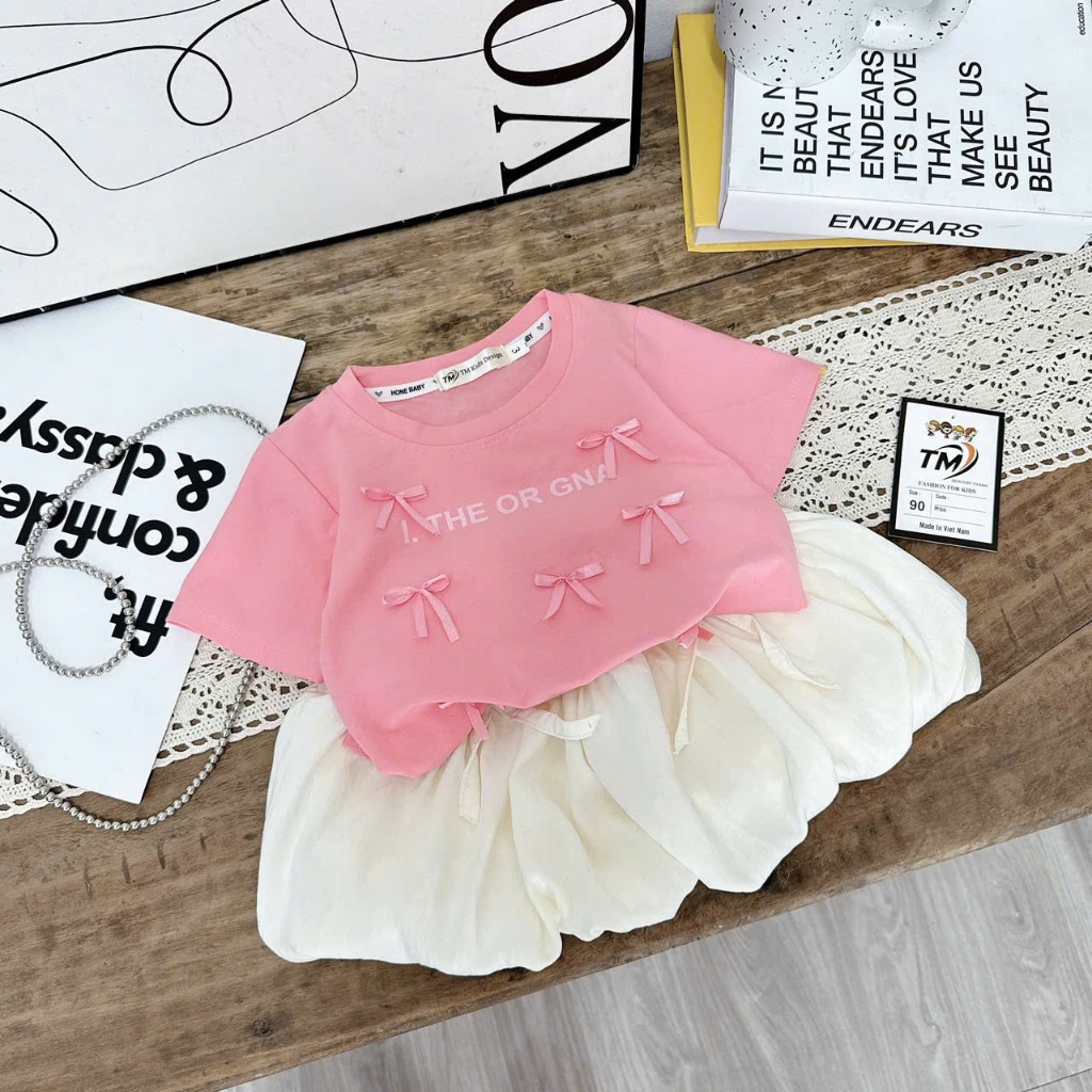 Set Áo Thun Chân Váy Dáng Bí Bé Gái Bộ Hè Áo Cộc Chân Váy Kèm Quần Bảo Hộ Cotton Đính Nơ Dễ Thương Cho Bé BR9