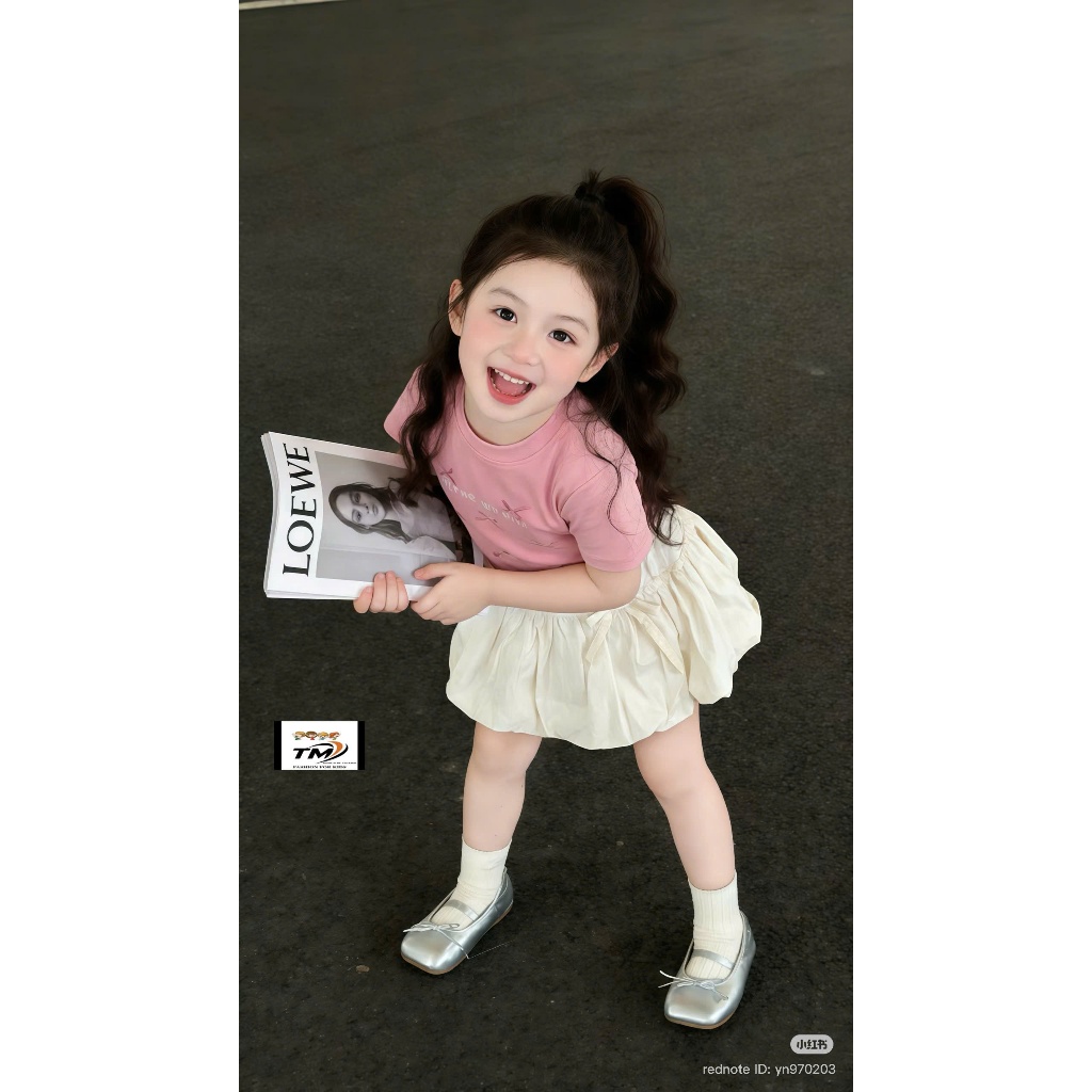 Set Áo Thun Chân Váy Dáng Bí Bé Gái Bộ Hè Áo Cộc Chân Váy Kèm Quần Bảo Hộ Cotton Đính Nơ Dễ Thương Cho Bé BR9