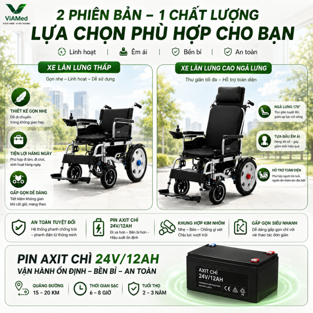 Xe Lăn Điện Lưng Cao (REMOTE) VA-XE082 Cao Cấp - Gấp gọn, An toàn cho Người Già & Người Bệnh (BẢO HÀNH 2 NĂM)