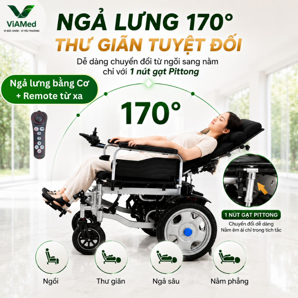 Xe Lăn Điện Lưng Cao (REMOTE) VA-XE082 Cao Cấp - Gấp gọn, An toàn cho Người Già & Người Bệnh (BẢO HÀNH 2 NĂM)