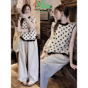 Set công sở, Set thiết kế áo chấm bi cổ tròn sát nách phối viền bèo mix quần suông dáng dài
