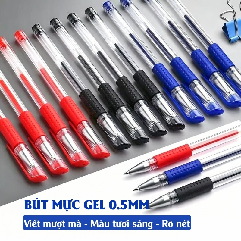 Bút Mực Gel Viết Mượt 0.5mm - Bút Gel Mực Đen, Xanh, Đỏ Viết Êm Tay, Không Nhòe Cho Học Sinh