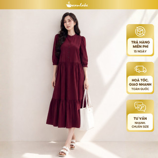 SWANLAKE | Váy Đầm Nữ Maxi Dáng Dài Cổ Trụ Cài Nút Tay Lỡ Chất Liệu Cotton Xếp Ly Đuôi Cá D12355