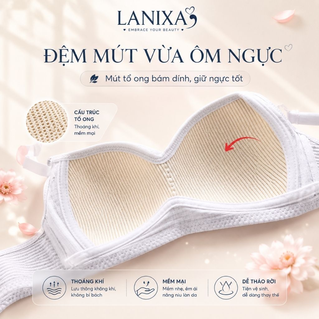 Áo ngực nữ không gọng đêm mút mỏng ôm ngực mềm mại chất cotton co dãn thấm hút mồ hôi LANIXA A414