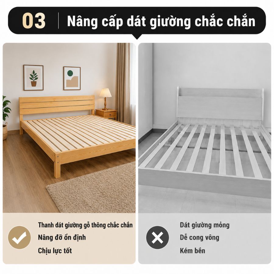 Giường Ngủ Gỗ Thông Tự Nhiên Home Decor Có Đầu Giường Cao 30cm Khung Chắc Chắn