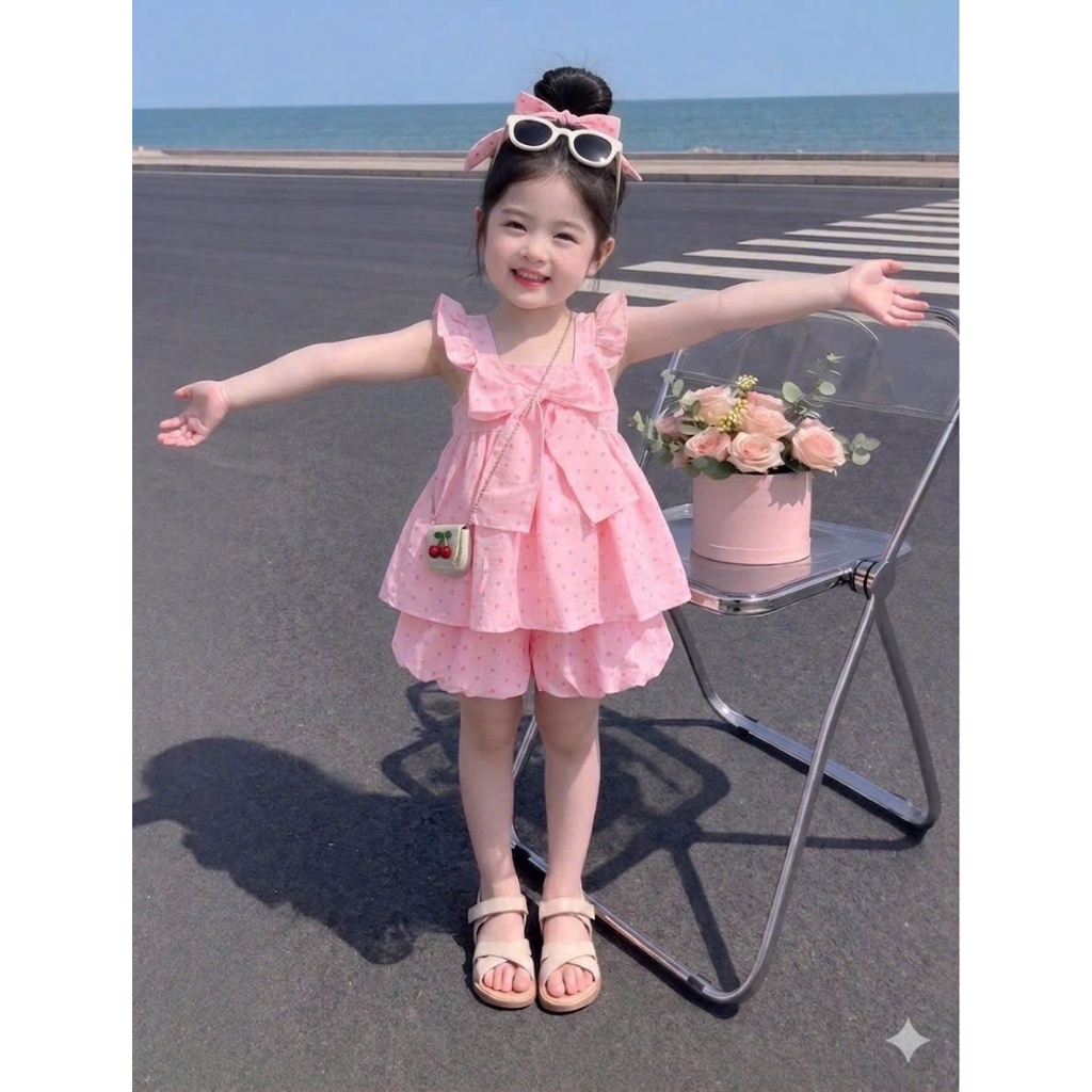 Set Áo Tay Bèo Chấm Bi Hồng Cho Bé Gái Bộ Hè Quần Đùi Họa Tiết Chấm Bi Đính Nơ Siêu Dễ Thương B11