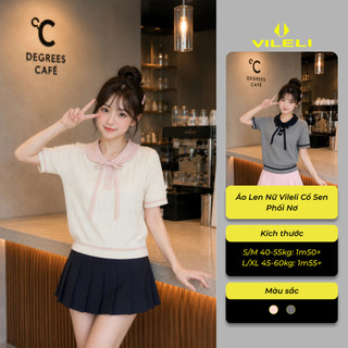 Áo Len Nữ Vileli Cổ Sen Phối Nơ Tay Ngắn Dệt Kim Tiểu Thư Thanh Lịch Hàn Quốc VL2621