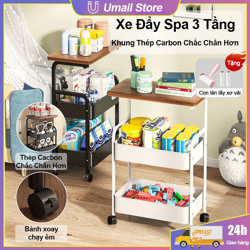 Xe Dẩy Spa 3 tầng sắt  Kệ spa Thép carbon để đồ ăn vặt có bánh xe Kệ đa năng Có thể đặt tùy ý