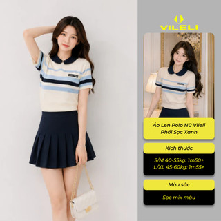Áo Len Polo Nữ Vileli Phối Sọc Xanh Tay Ngắn Dệt Kim Form Gọn Trẻ Trung Nữ Tính VL2616