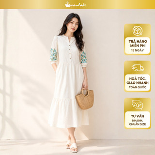 SWANLAKE | Váy Đầm Nữ Maxi Đuôi Cá Xòe Vải Cotton Tay Lỡ Thêu Hoa Cổ Trụ Cài Nút Công Sở D13567