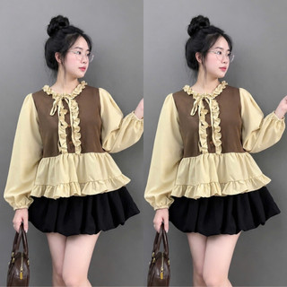 Set Áo Váy Bigsize Nữ Áo Babydoll Tay Dài Bồng Phối Chân Váy Bí Dễ Thương Tôn Dáng A336+CV413
