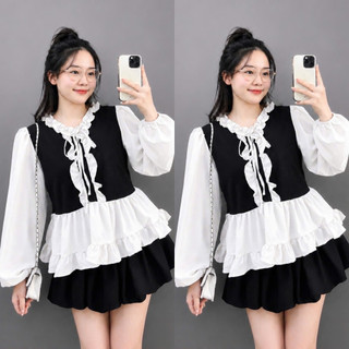 Set Áo Váy Bigsize Nữ Áo Babydoll Tay Dài Bồng Phối Chân Váy Bí Dễ Thương Tôn Dáng A336+CV413
