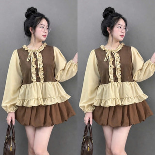 Set Áo Váy Bigsize Nữ Áo Babydoll Tay Dài Bồng Phối Chân Váy Bí Dễ Thương Tôn Dáng A336+CV413
