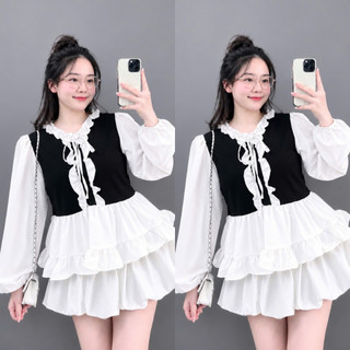 Set Áo Váy Bigsize Nữ Áo Babydoll Tay Dài Bồng Phối Chân Váy Bí Dễ Thương Tôn Dáng A336+CV413