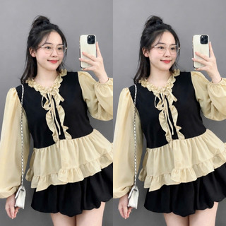 Set Áo Váy Bigsize Nữ Áo Babydoll Tay Dài Bồng Phối Chân Váy Bí Dễ Thương Tôn Dáng A336+CV413