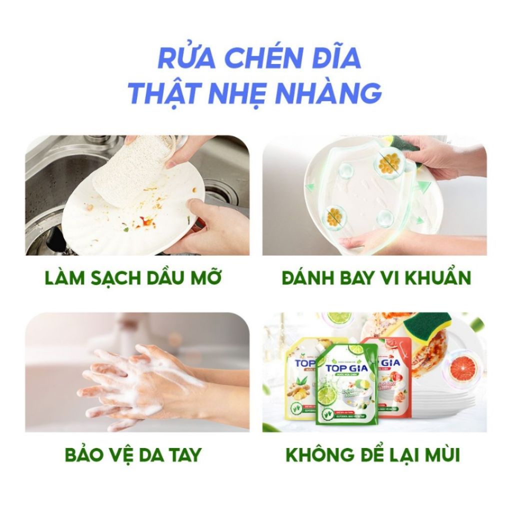 Nước Rửa Chén Top Gia Hương Chanh 1 Thùng 2 Bịch tổng 4 lít - Đánh Bay Dầu Mỡ, Khử Mùi Tanh, Bảo Vệ Da Tay