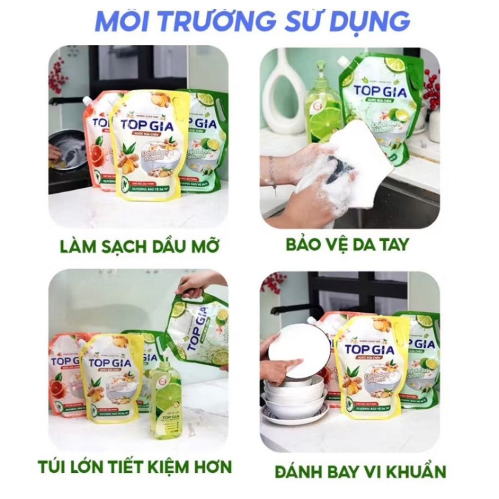 Nước Rửa Chén Top Gia Hương Chanh 1 Thùng 2 Bịch tổng 4 lít - Đánh Bay Dầu Mỡ, Khử Mùi Tanh, Bảo Vệ Da Tay
