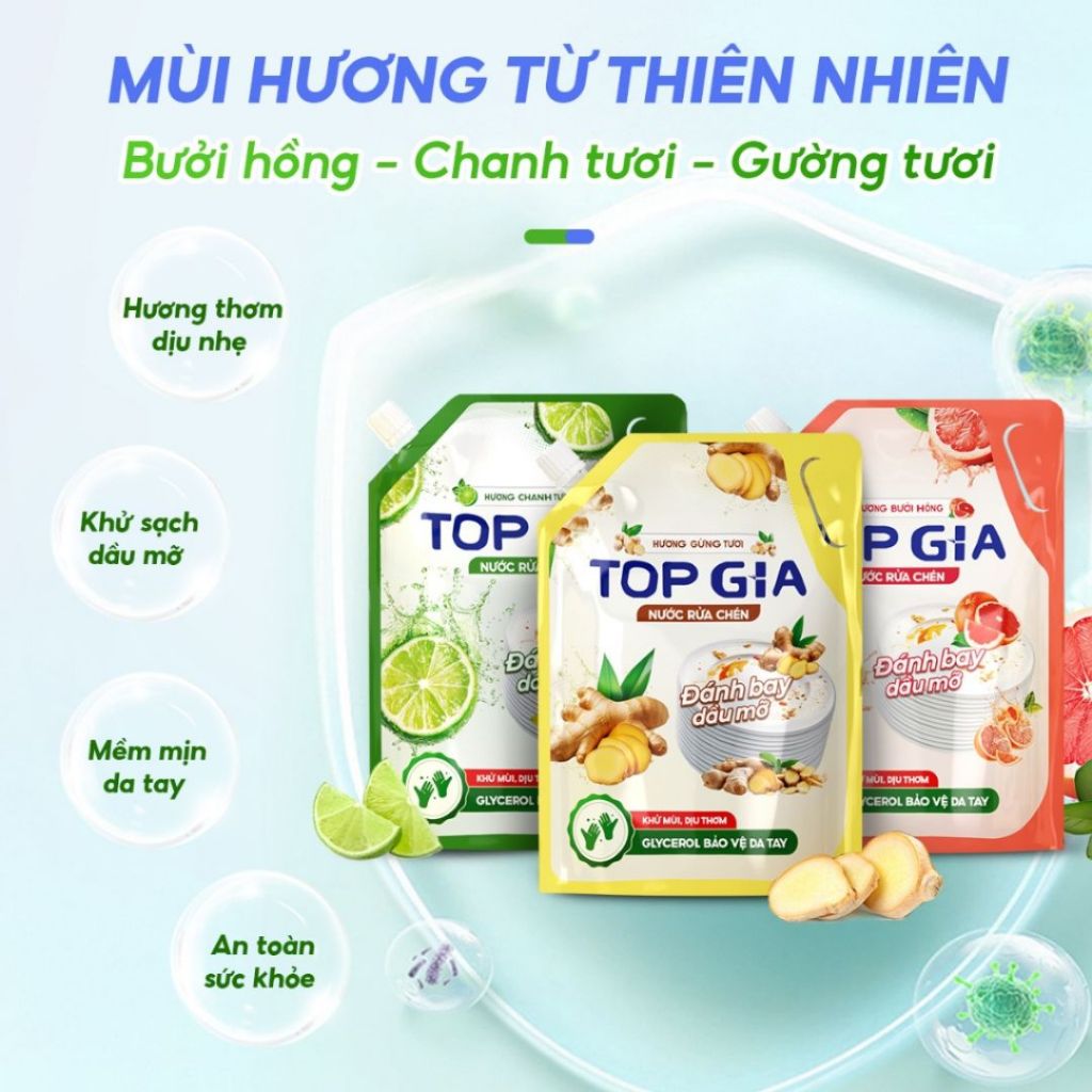 Nước Rửa Chén Top Gia Hương Chanh 1 Thùng 2 Bịch tổng 4 lít - Đánh Bay Dầu Mỡ, Khử Mùi Tanh, Bảo Vệ Da Tay