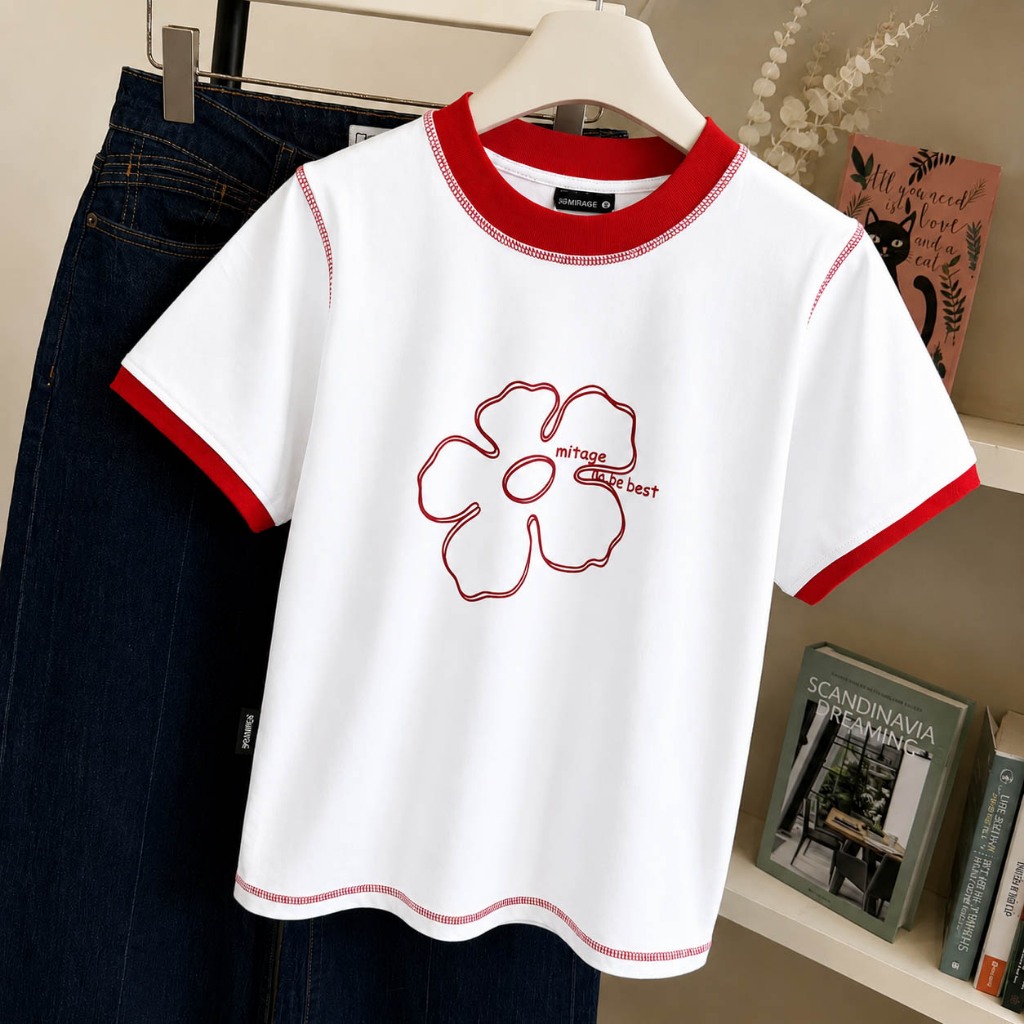 Áo Thun Phối Viền Bông Hoa Xinh Yêu, Chất Cotton Mềm Mịn, Có Kèm Hình Thật.