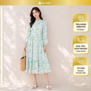 SWANLAKE | Váy Đầm Nữ Babydoll Đuôi Cá Cotton Thêu Đục Lỗ Ren Cổ Trụ Cài Nút Tay Dài Hè D12394