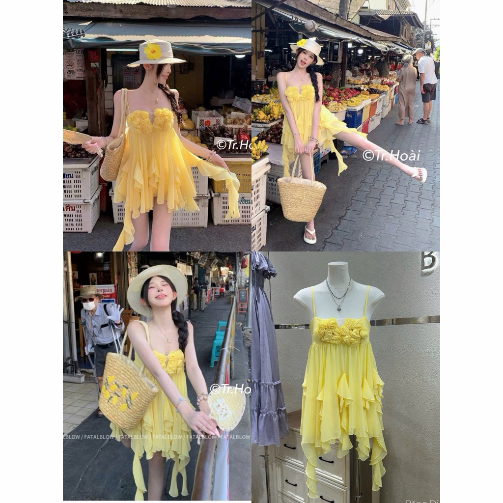 Đầm 2 dây đính hoa nổi tua rua bèo rủ Đoàn Thương