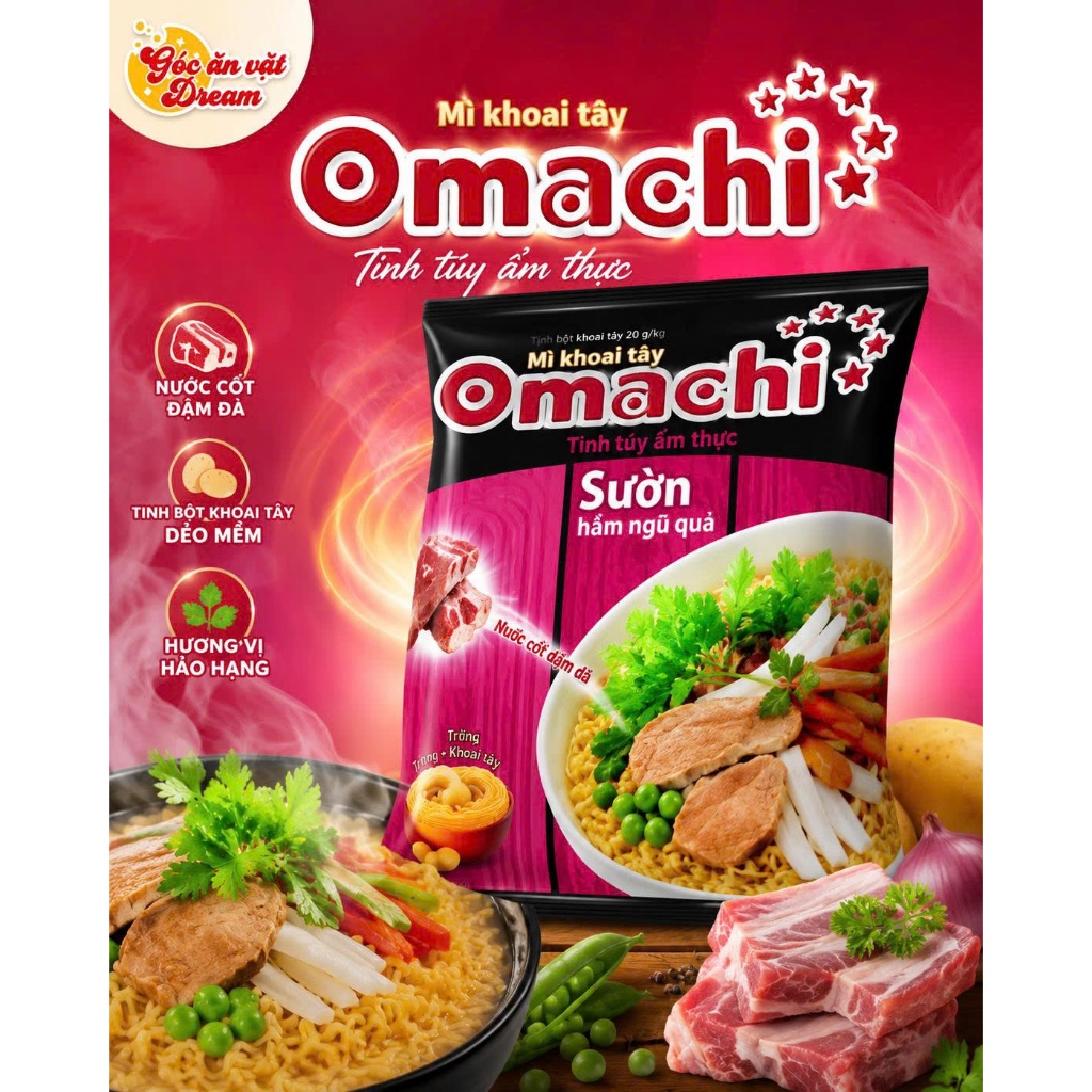 [Chính Hãng] Mì Omachi Xốt Bò Hầm Đậm Đà, Mì Khoai Tây Sợi Dai, Mì Ăn Liền Đậm Vị Cao Cấp, Thùng 30 gói