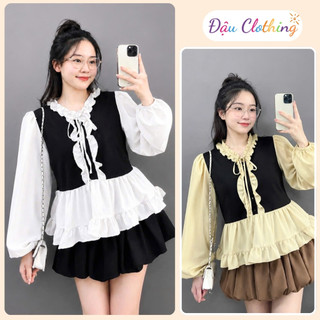 Set Áo Váy Bigsize Nữ Áo Babydoll Tay Dài Bồng Phối Chân Váy Bí Dễ Thương Tôn Dáng A336+CV413