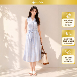 SWANLAKE | Váy Đầm Nữ Sơ Mi Sát Nách Cổ Bẻ Dây Thắt Eo Vải Xô Cotton Sọc Công Sở Dạo Phố Hè D13824