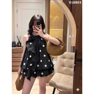 Set Bộ Đồ Nữ Chấm Bi TO Áo Cổ Yếm Đính Hoa Nổi Bèo Dây PHồng Gấu Mix Chân Váy Bí 2 Lớp