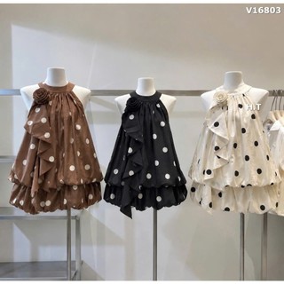 Set Bộ Đồ Nữ Chấm Bi TO Áo Cổ Yếm Đính Hoa Nổi Bèo Dây PHồng Gấu Mix Chân Váy Bí 2 Lớp