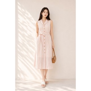 SWANLAKE | Váy Đầm Nữ Sơ Mi Sát Nách Cổ Bẻ Dây Thắt Eo Vải Xô Cotton Sọc Công Sở Dạo Phố Hè D13824