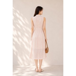 SWANLAKE | Váy Đầm Nữ Sơ Mi Sát Nách Cổ Bẻ Dây Thắt Eo Vải Xô Cotton Sọc Công Sở Dạo Phố Hè D13824
