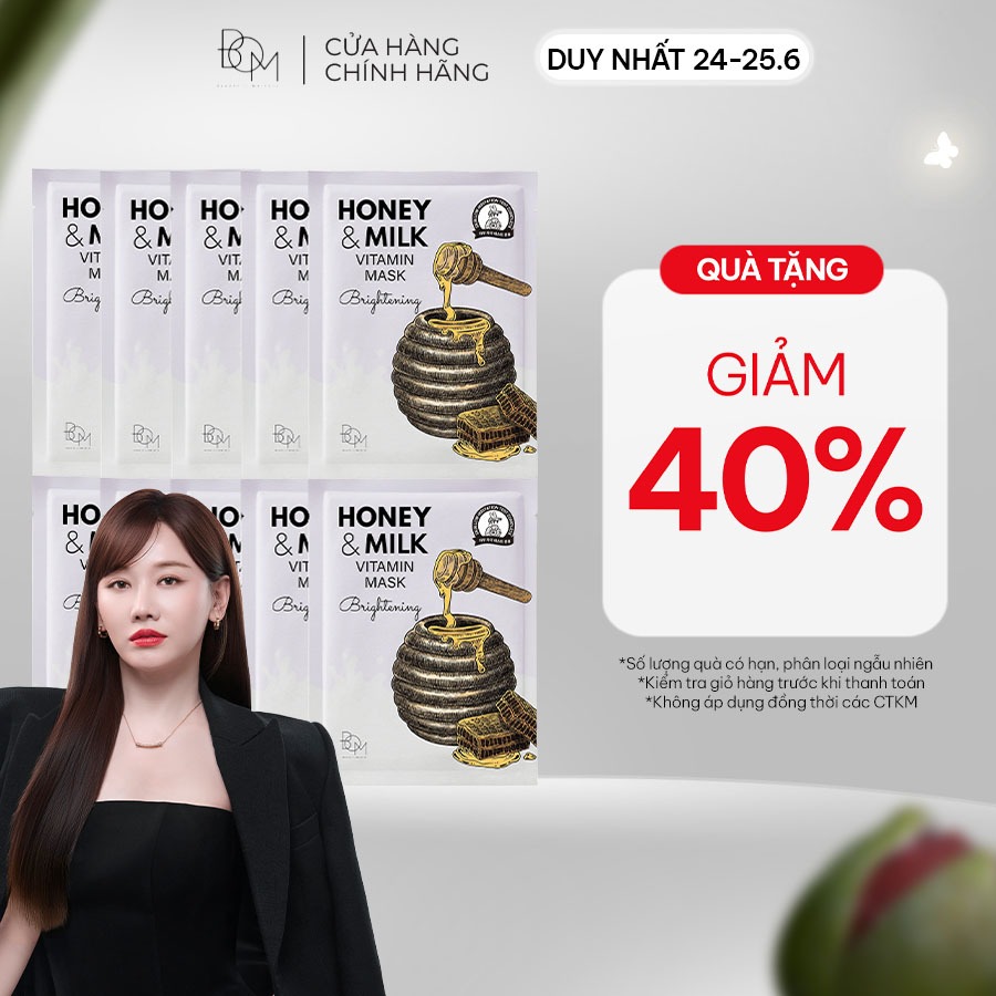 Combo 10 miếng mặt nạ BOM Honey & Milk Brightening Vitamin Mask Mặt Nạ Làm Sáng 25g