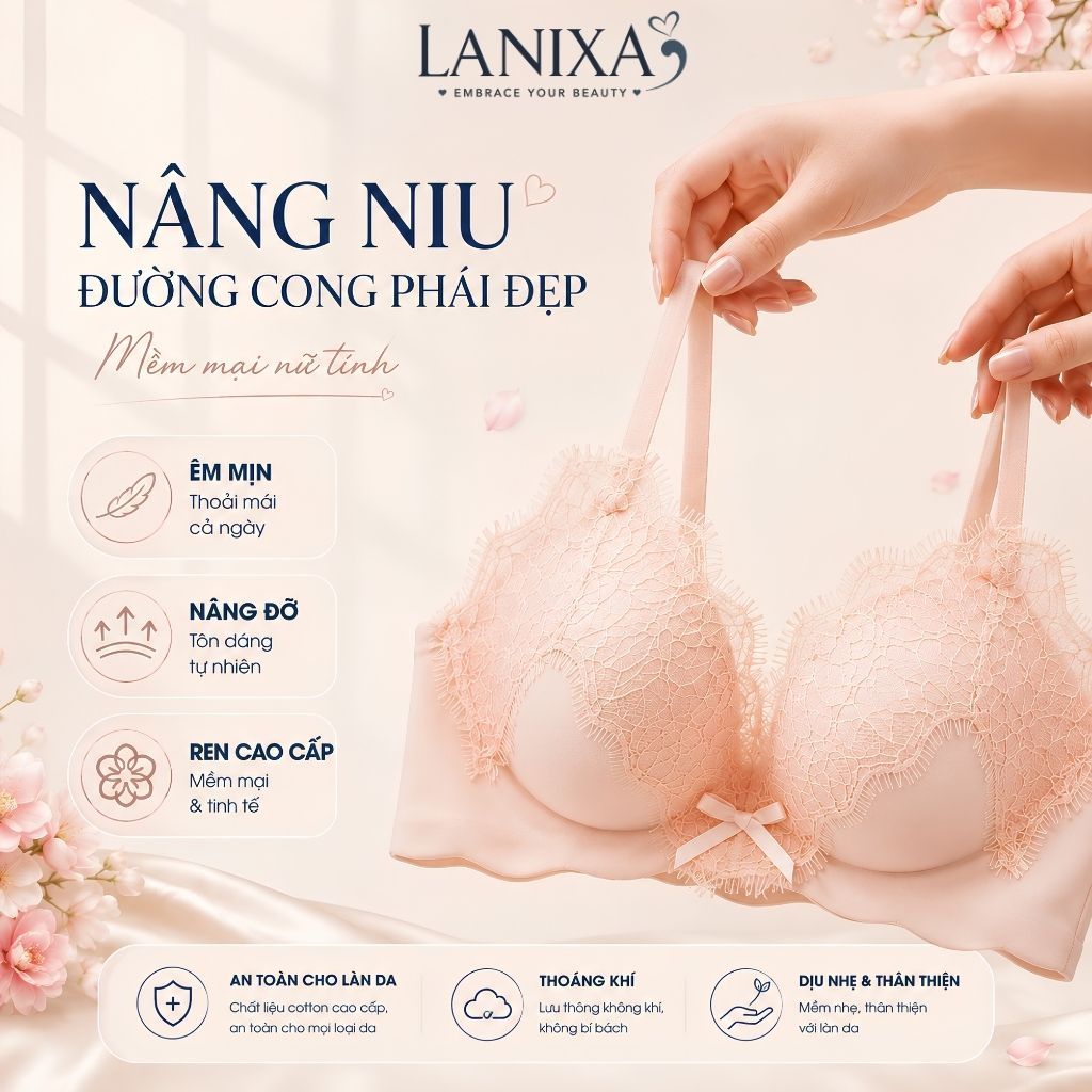 Áo ngực nữ su đúc không gọng đệm mút vừa nâng quả tạo khe gợi cảm phối ren sang trọng LANIXA A1849