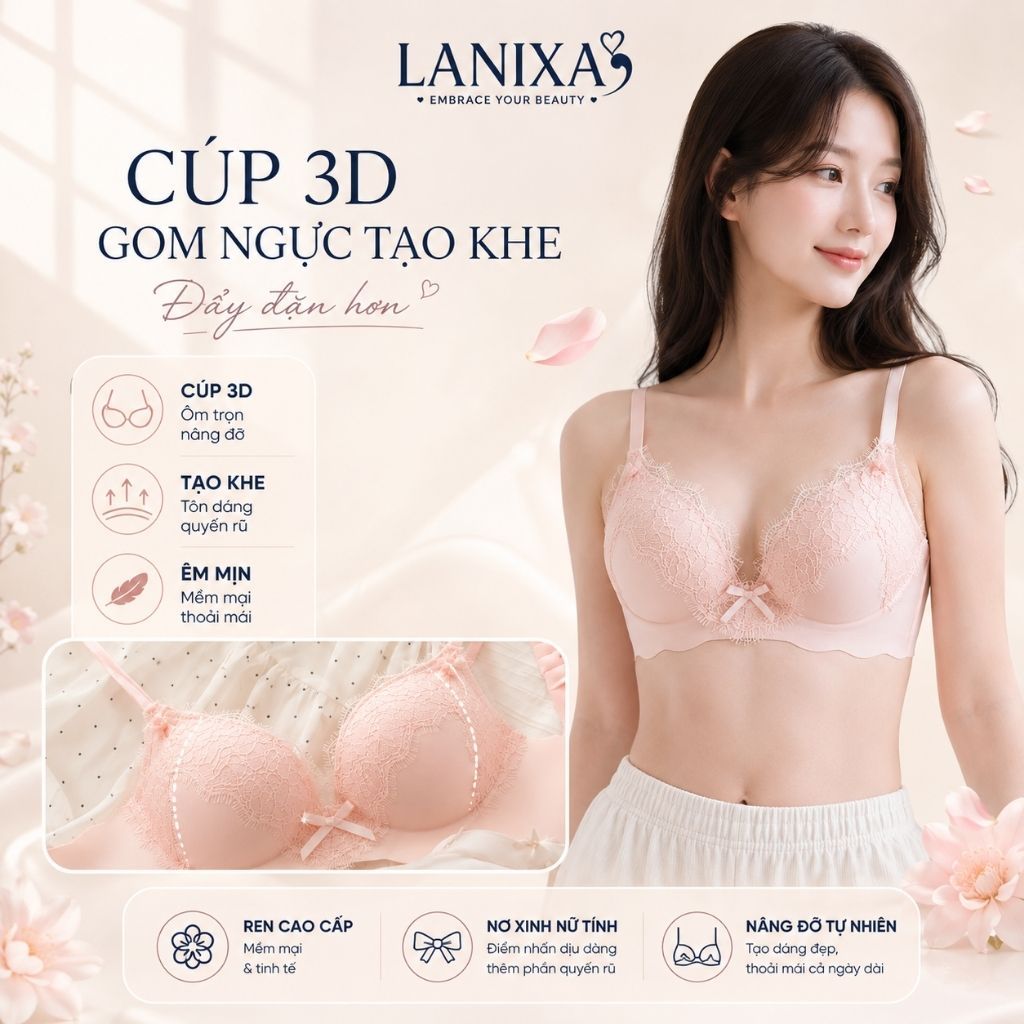 Áo ngực nữ su đúc không gọng đệm mút vừa nâng quả tạo khe gợi cảm phối ren sang trọng LANIXA A1849
