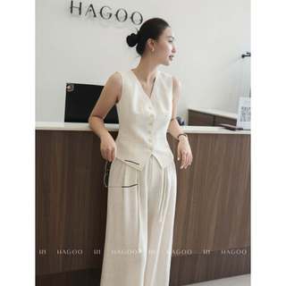 Set 3 chi tiết lẻ Blazer cộc tay & Áo gile  & Quần cạp liền kèm dây đai HAGOO [S9071]