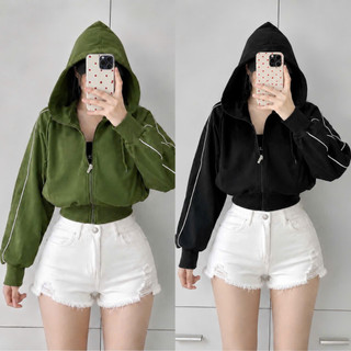 Áo khoác nữ Bigsize lửng tay dài kèm mũ sọc trắng kéo dài 2 bên cánh tay chất poly mềm mát xinh xắn trẻ trung - KHOAC14