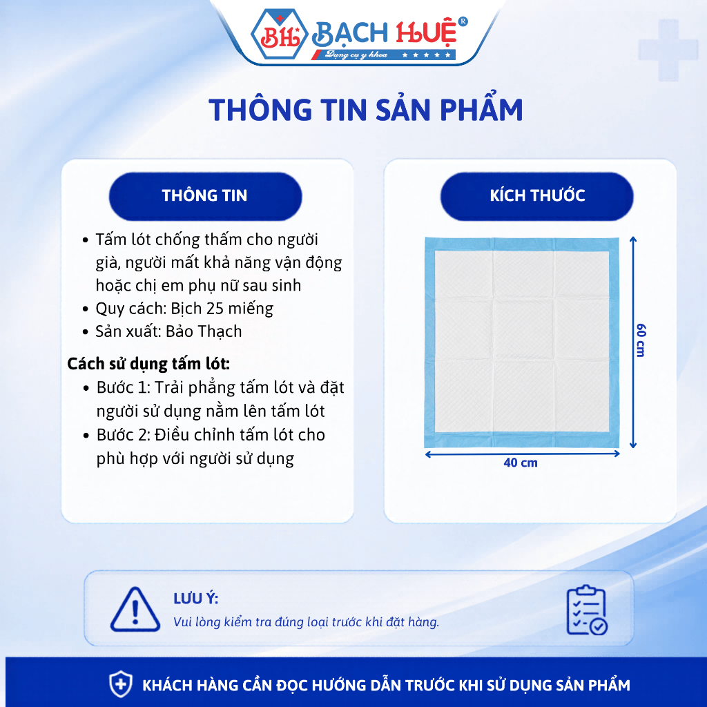 Tấm lót chống thấm Bảo Thạch 40x60cm - Siêu thấm hút, chống tràn dịch hiệu quả, giải pháp chăm sóc vệ sinh