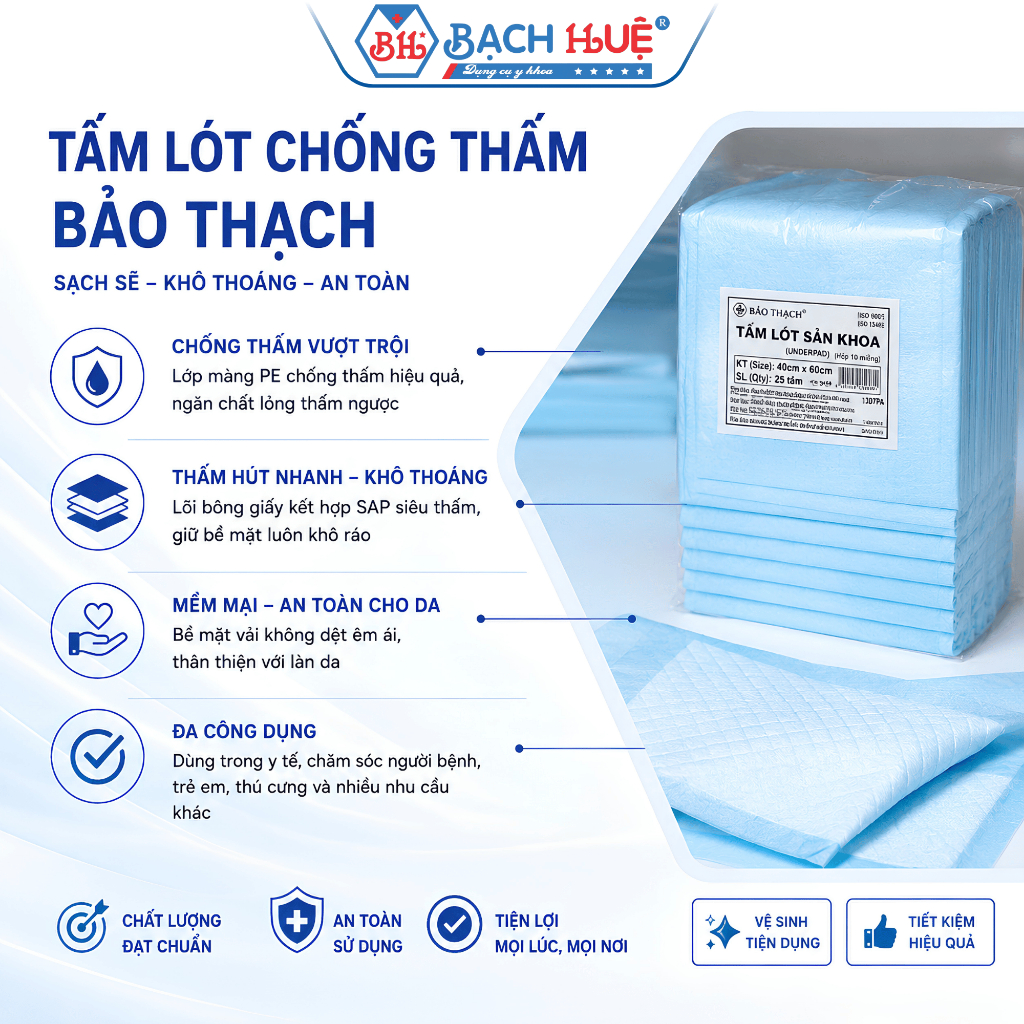 Tấm lót chống thấm Bảo Thạch 40x60cm - Siêu thấm hút, chống tràn dịch hiệu quả, giải pháp chăm sóc vệ sinh
