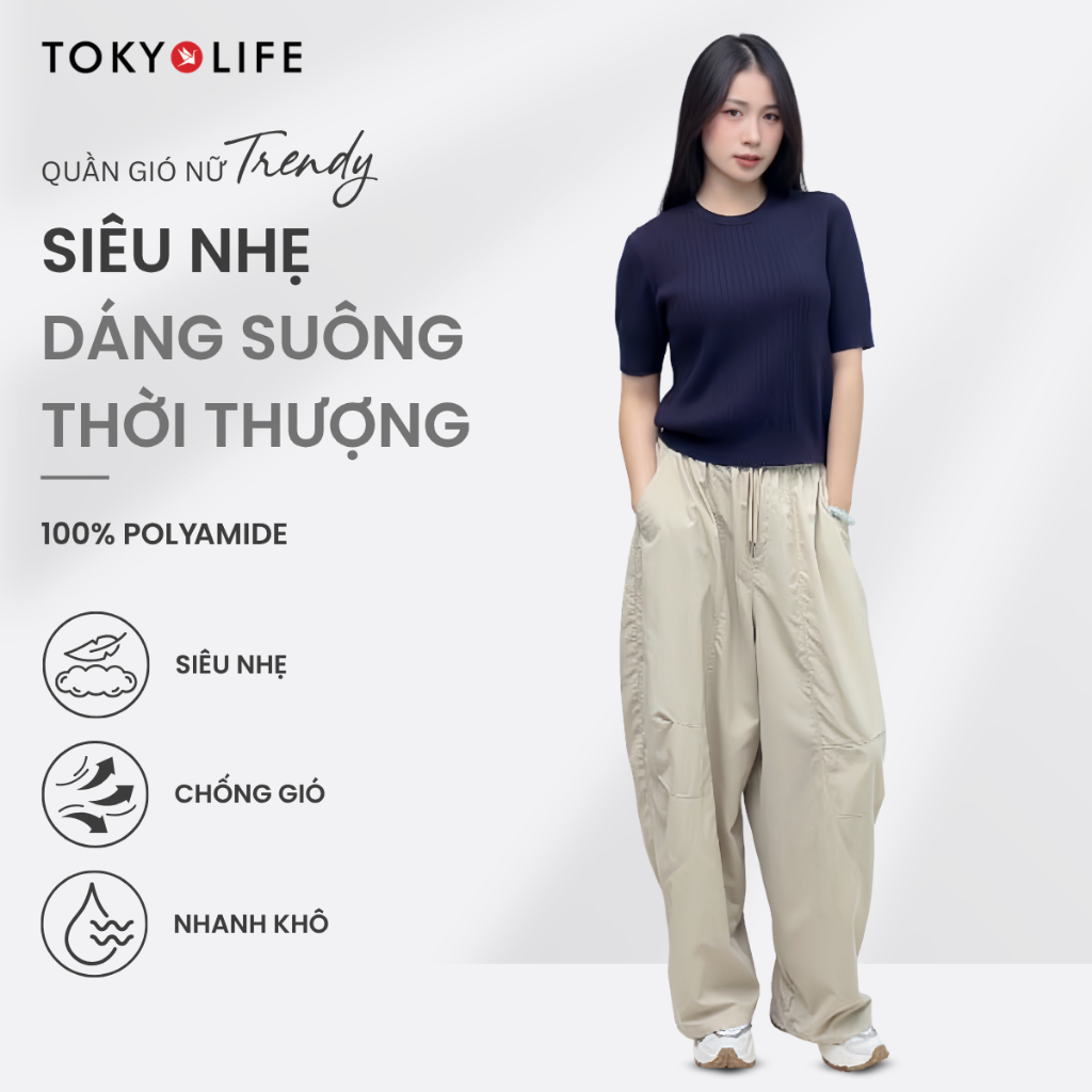 Quần dài ống rộng nữ TOKYOLIFE có dây chun, chất vải dù nhẹ thoáng mát thời trang 40005378