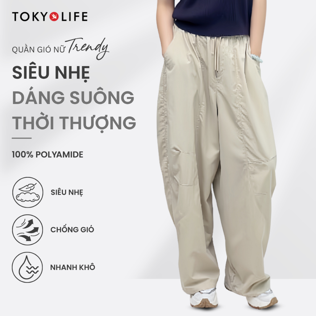 Quần dài ống rộng nữ TOKYOLIFE có dây chun, chất vải dù nhẹ thoáng mát thiết kế thời trang 40005378