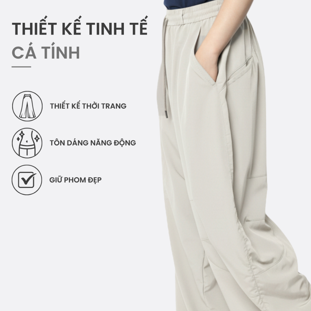 Quần dài ống rộng nữ TOKYOLIFE có dây chun, chất vải dù nhẹ thoáng mát thiết kế thời trang 40005378
