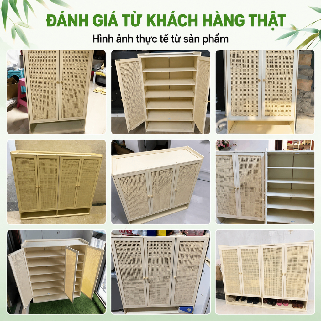 Tủ Giày 2/3/4 Cánh Phong Cách Nhật Bản Tối Giản, Màu Vani Sang Trọng Thông Thoáng Chống Ẩm Tre và gỗ