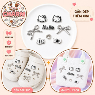 Bộ 8 charm MÈO BẠC - sẵn đế gắn, charm nhựa, phụ kiện dễ thương gắn dép, trang trí túi xách, dép lỗ